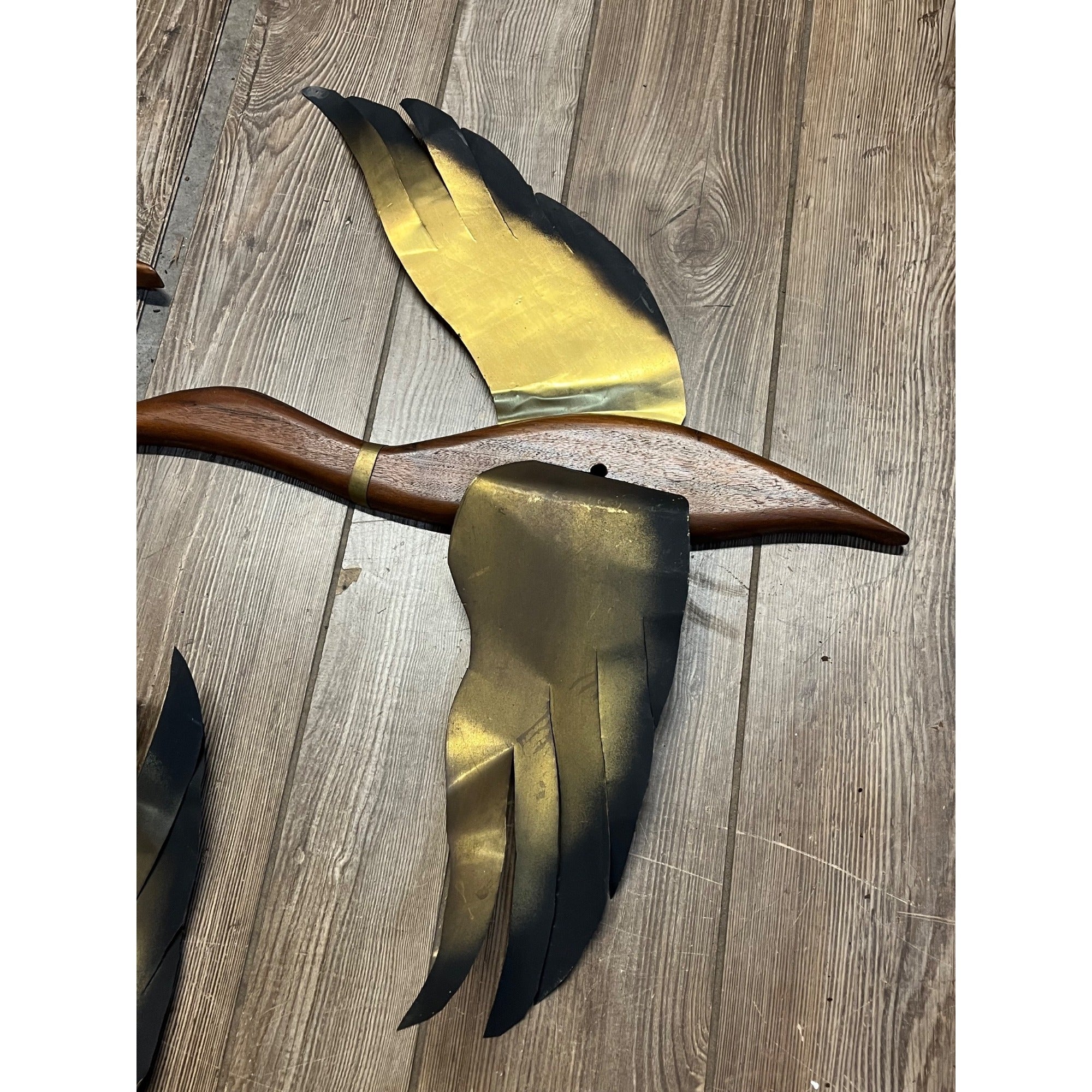 Vintage MCM Brass Flying Geese Wall Art Set Teak Wood Birds 1960s 1970s Decor