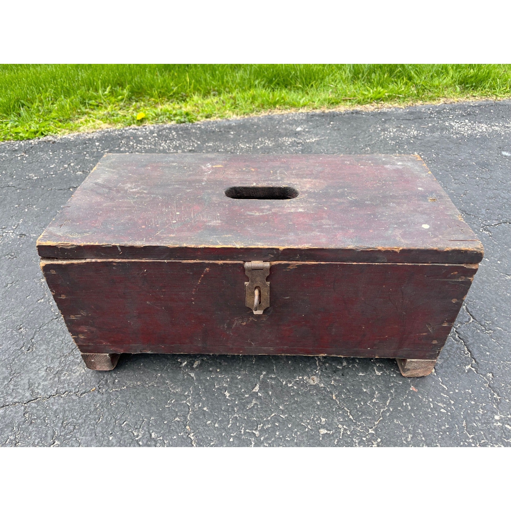 Antique Primitive 19th c. Red Paint Footed Tool Box or Cobblers Chest Folk AAFA