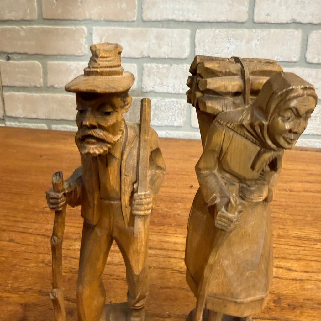 Old Man and Women, German Wood Carving Figurines, 7", Drechselstube Erback
