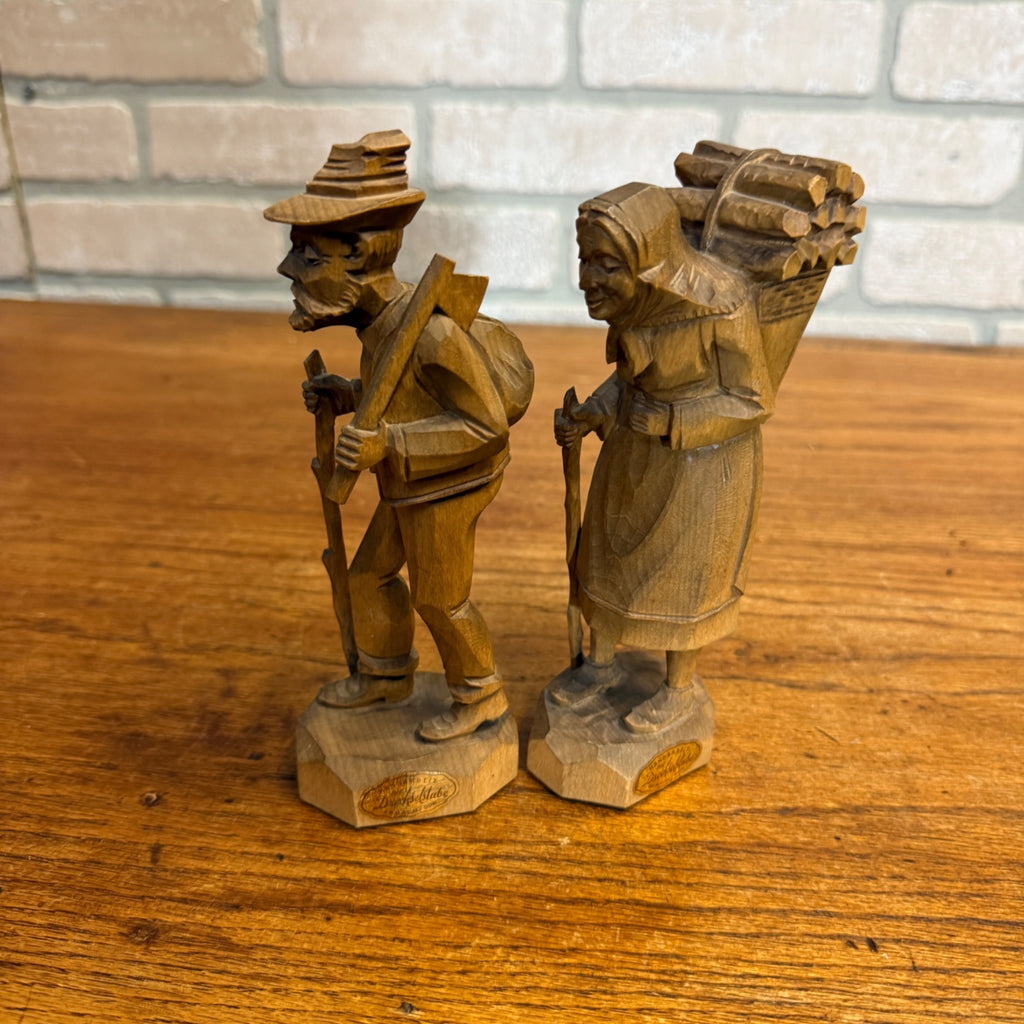 Old Man and Women, German Wood Carving Figurines, 7", Drechselstube Erback