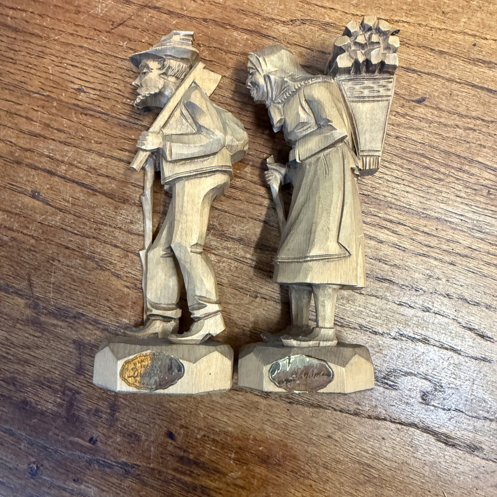 Old Man and Women, German Wood Carving Figurines, 7", Drechselstube Erback
