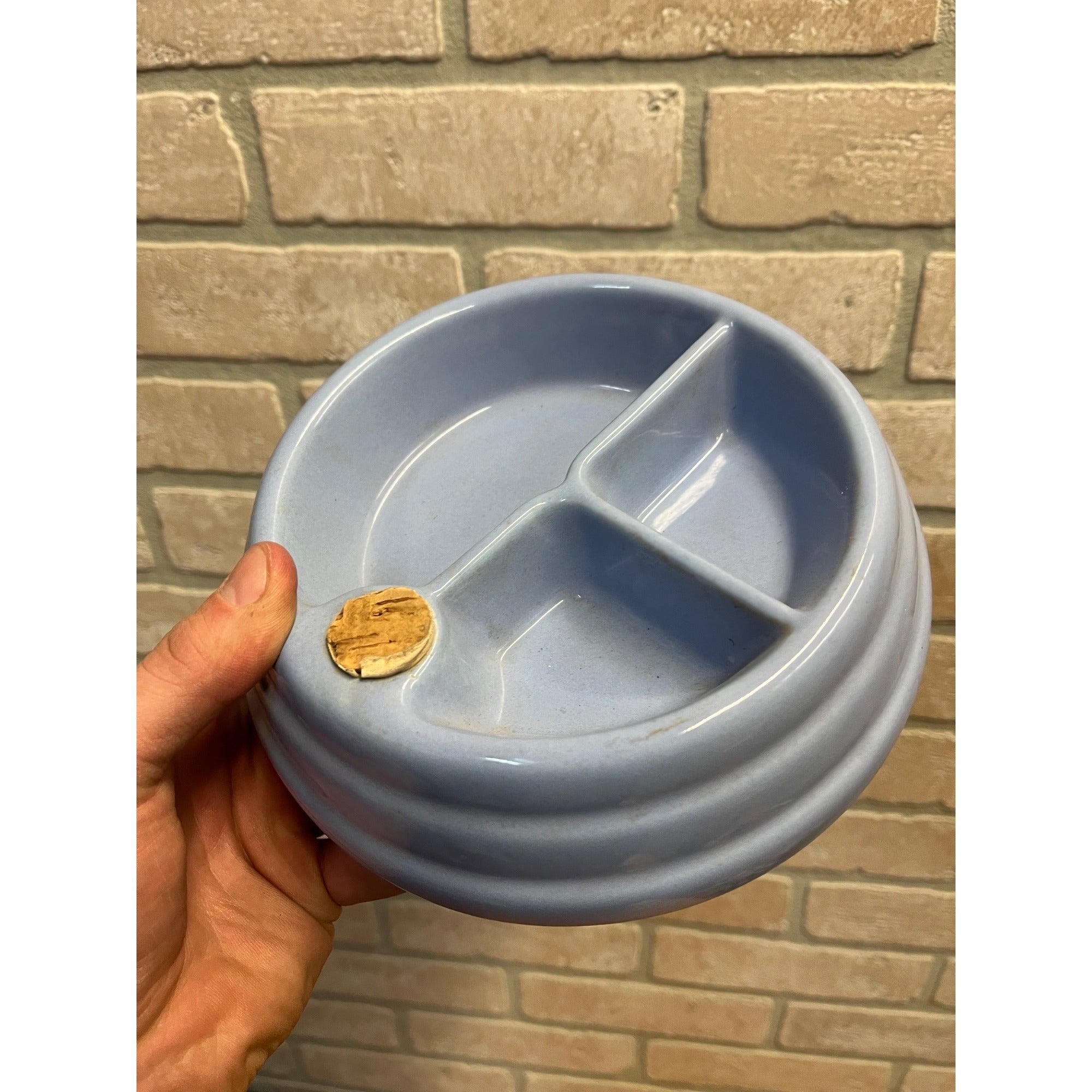 Vintage Baby Infant Food Warmer Stoneware Pottery Light Blue Dish Bowl Plate