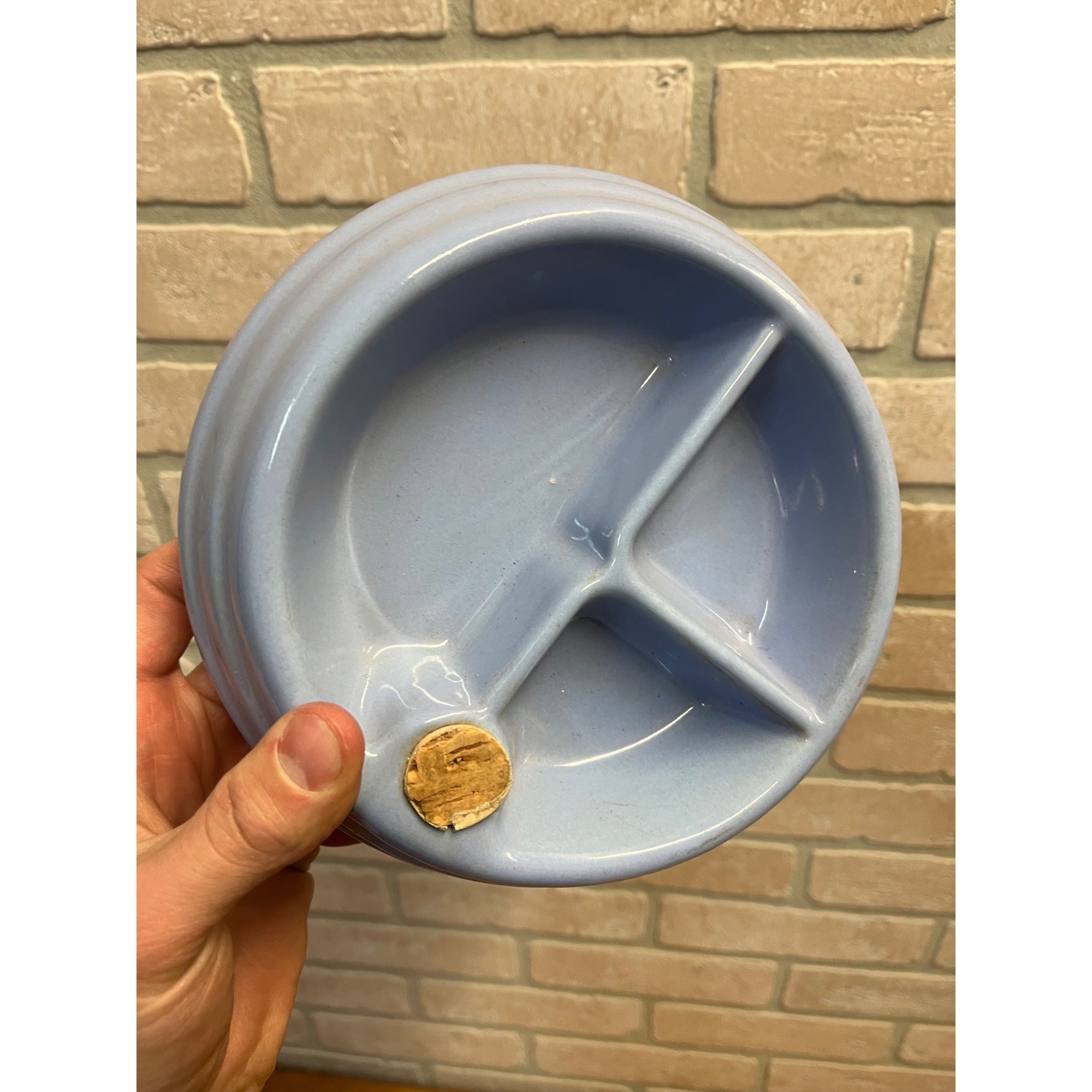 Vintage Baby Infant Food Warmer Stoneware Pottery Light Blue Dish Bowl Plate