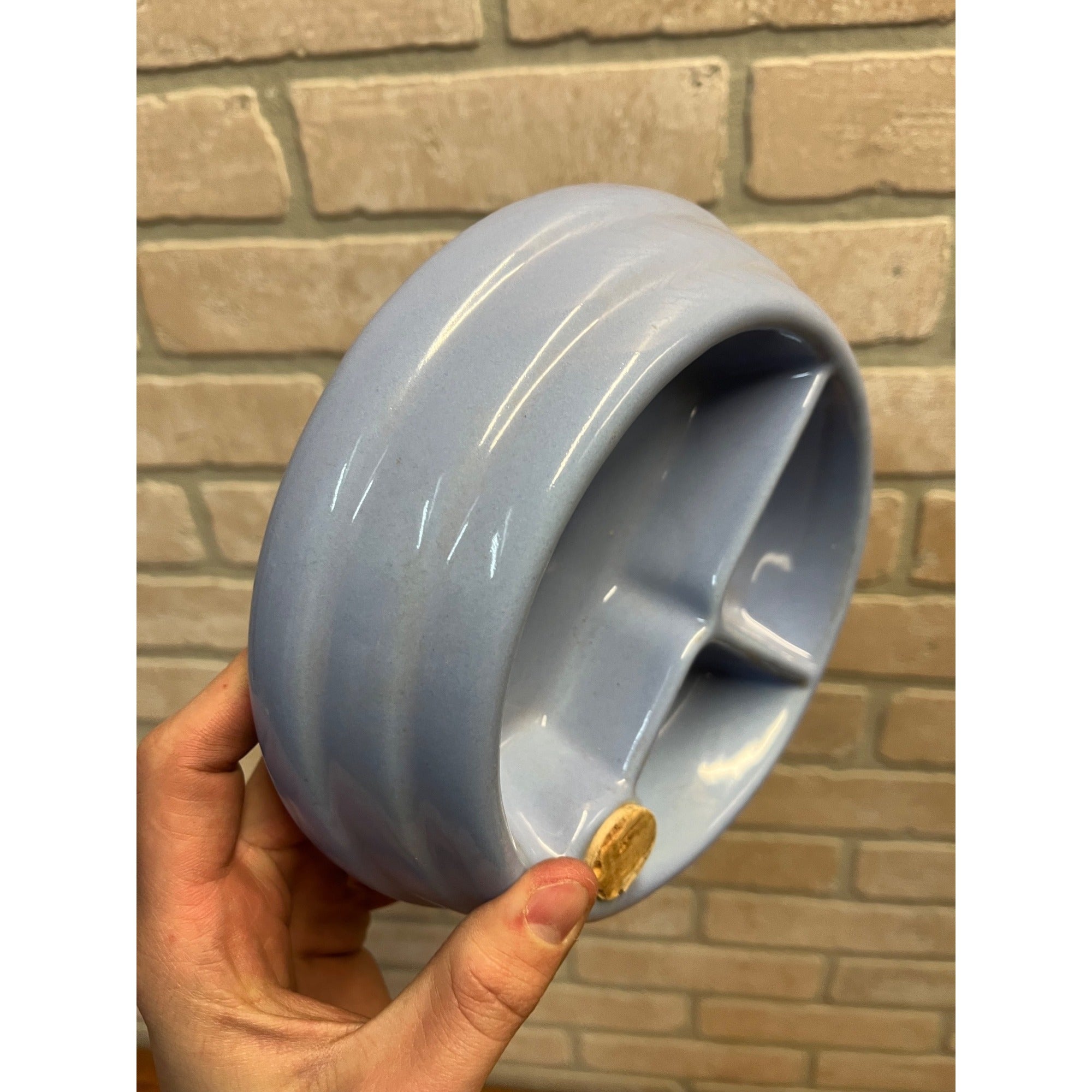 Vintage Baby Infant Food Warmer Stoneware Pottery Light Blue Dish Bowl Plate