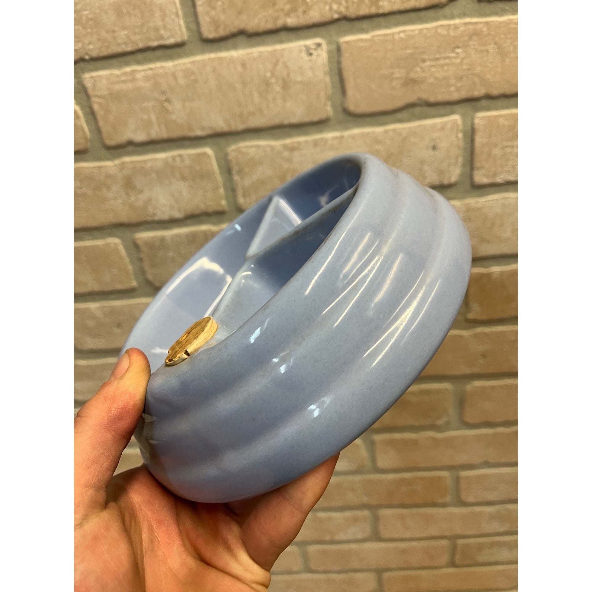 Vintage Baby Infant Food Warmer Stoneware Pottery Light Blue Dish Bowl Plate