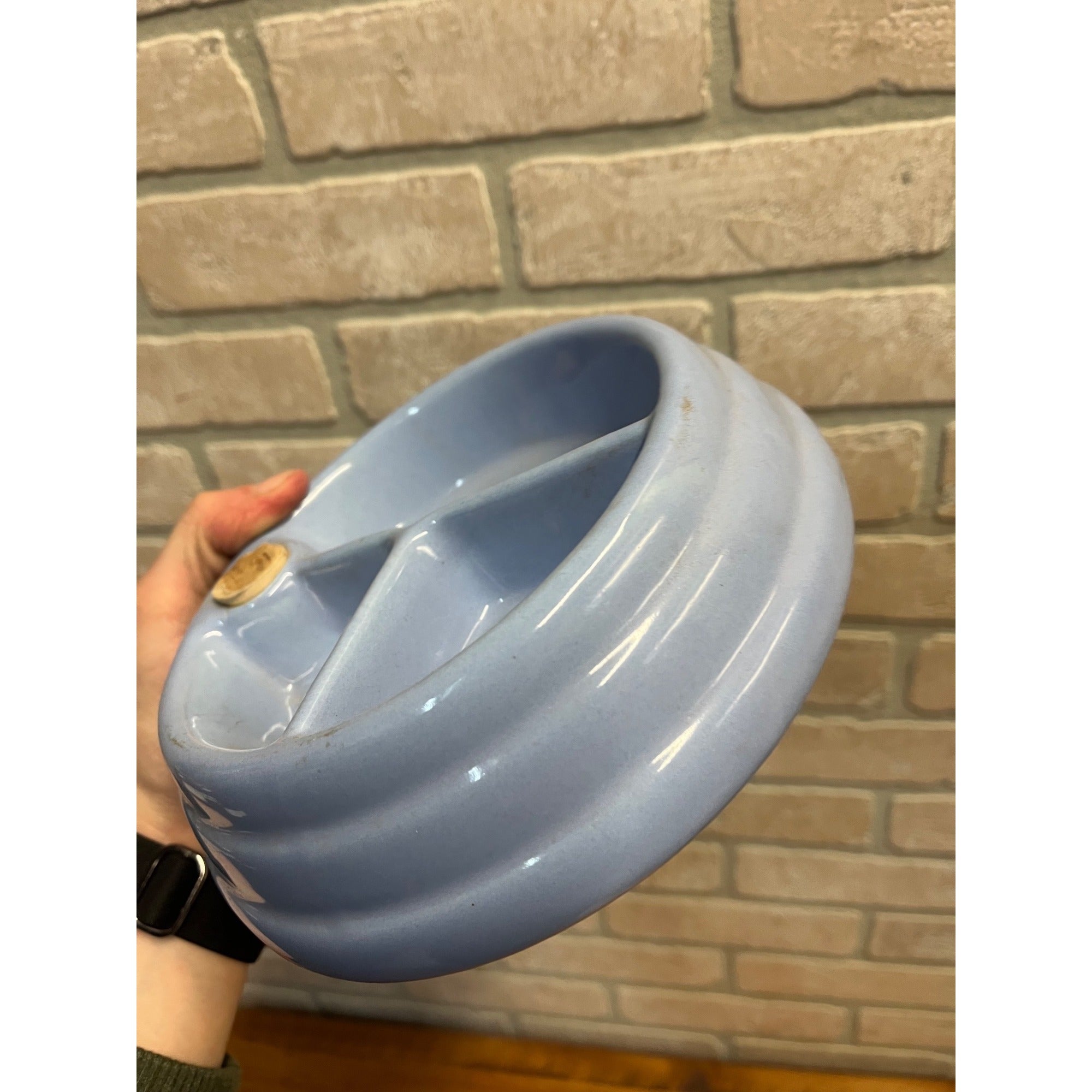 Vintage Baby Infant Food Warmer Stoneware Pottery Light Blue Dish Bowl Plate