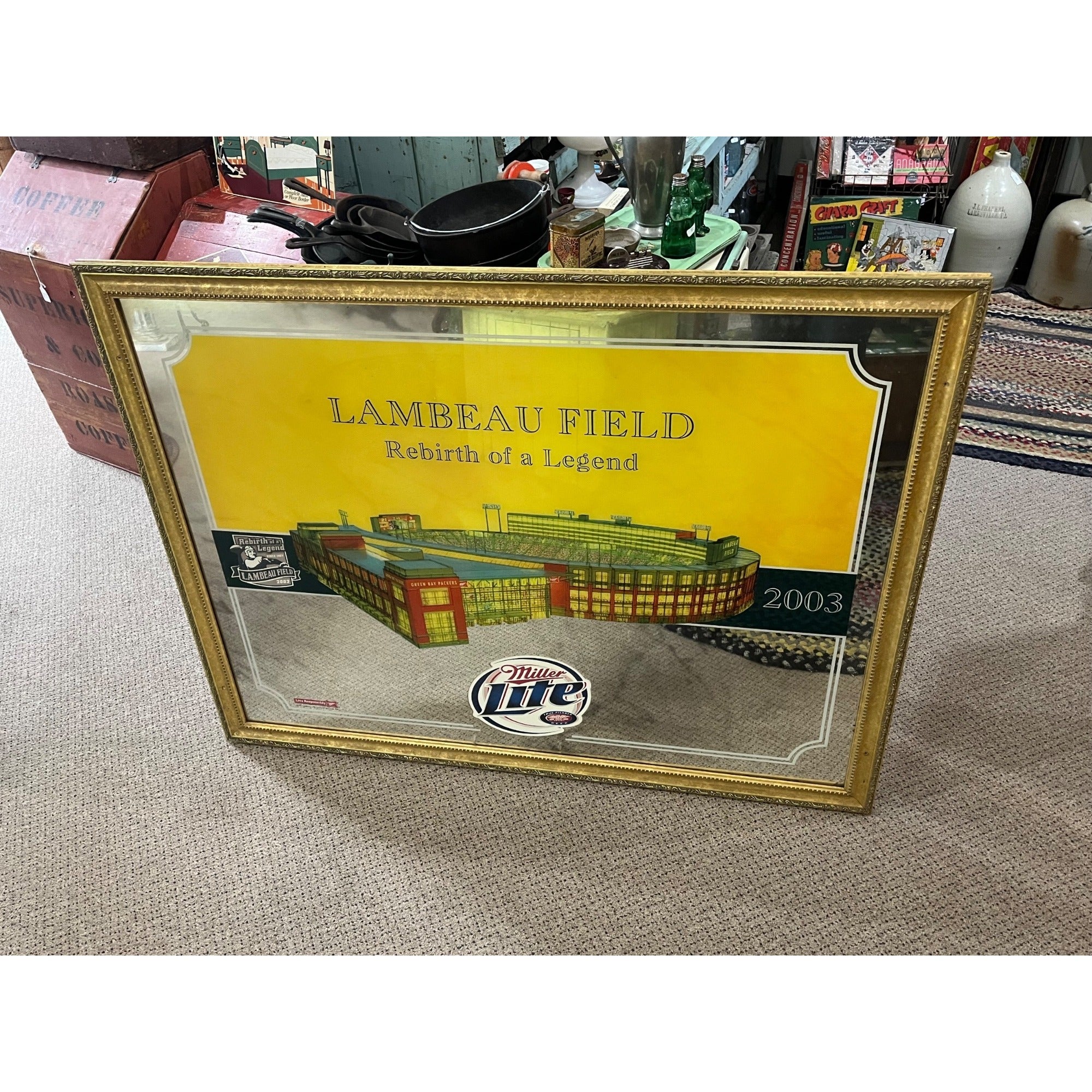 Vintage Green Bay Packers Lambeau Field Bar Miller Lite Beer HUGE Mirror 2003
