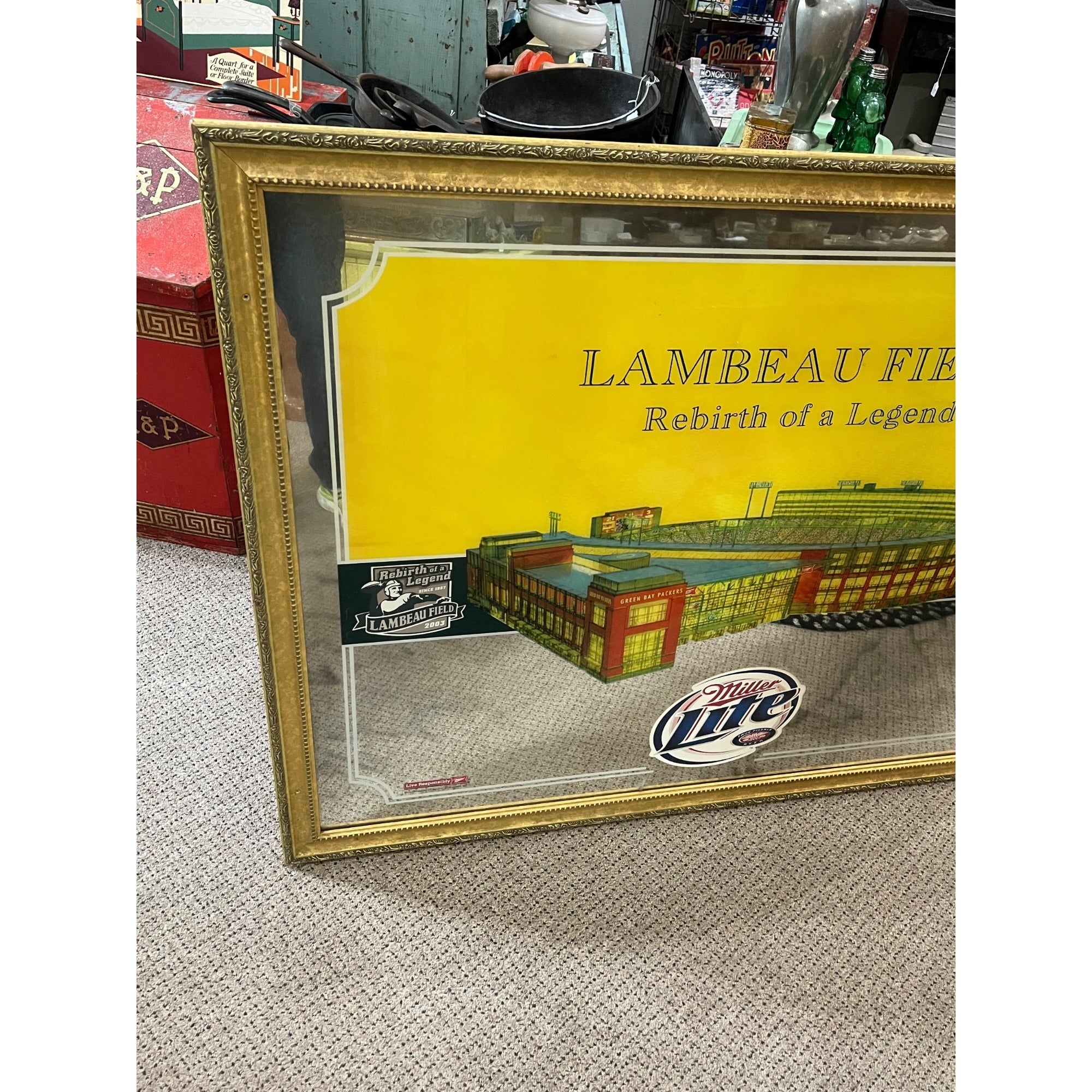 Vintage Green Bay Packers Lambeau Field Bar Miller Lite Beer HUGE Mirror 2003