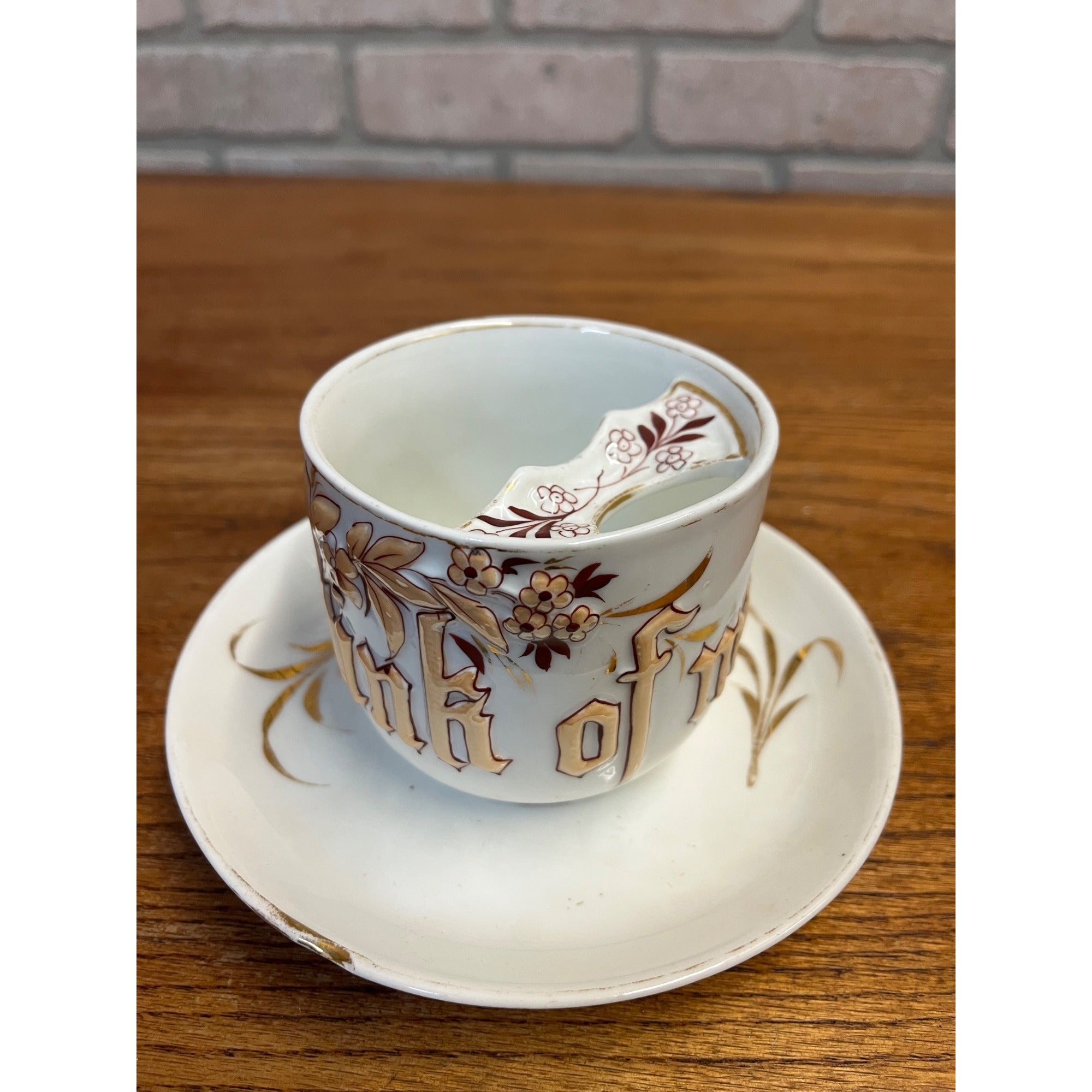 "Think of Me" 1900s Tea Cup and Saucer with Mustache Guard