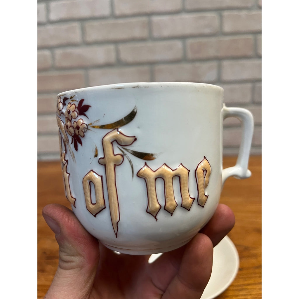 "Think of Me" 1900s Tea Cup and Saucer with Mustache Guard