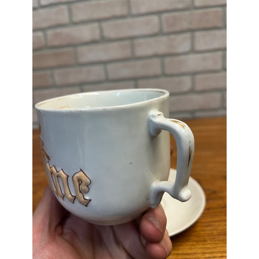 "Think of Me" 1900s Tea Cup and Saucer with Mustache Guard