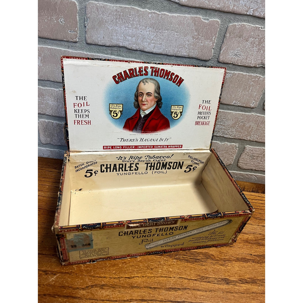 Vintage Charles Thompson Tobacco Wooden Cigar Box Yungfello Foil Wraps Philadelphia, Pennsylvania