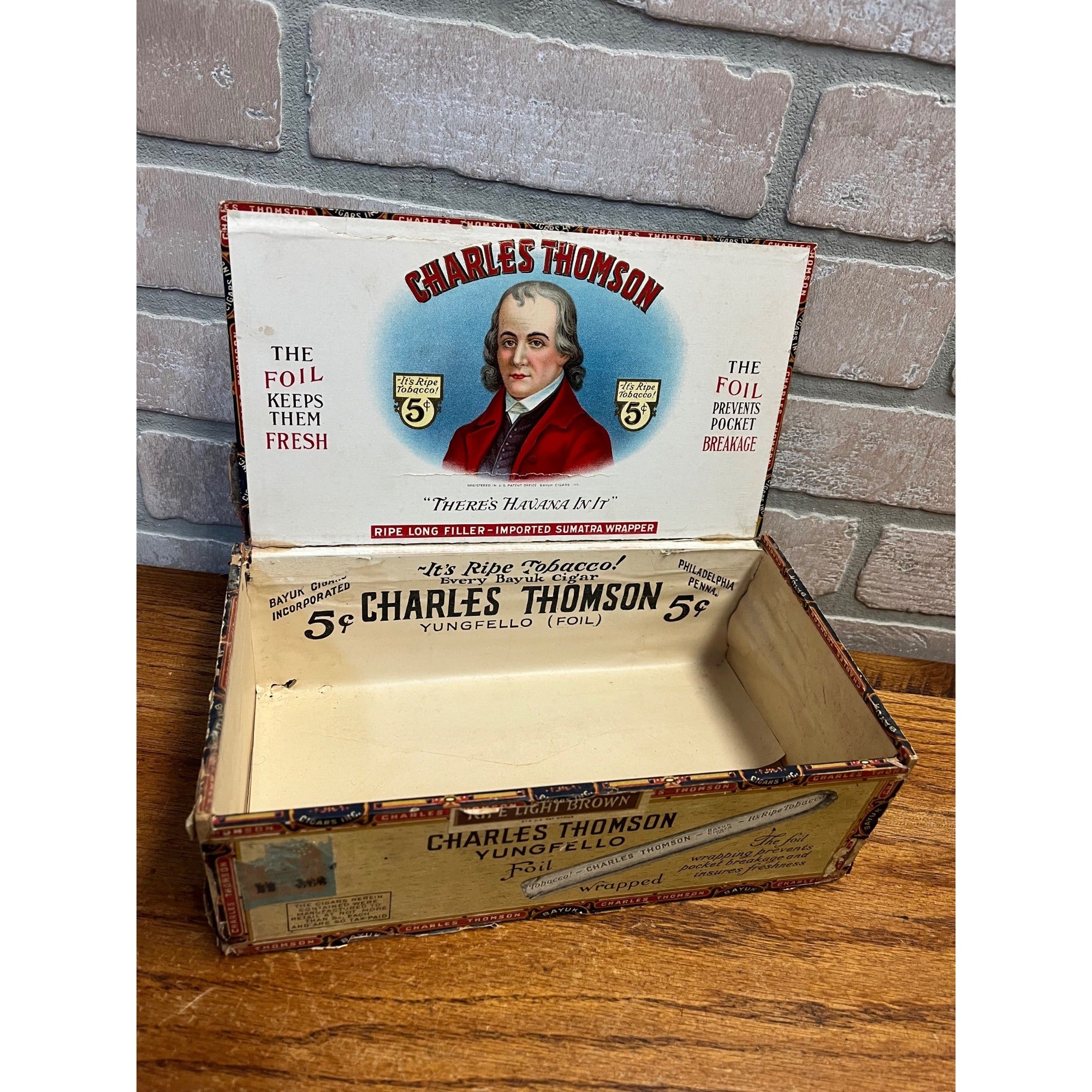 Vintage Charles Thompson Tobacco Wooden Cigar Box Yungfello Foil Wraps Philadelphia, Pennsylvania