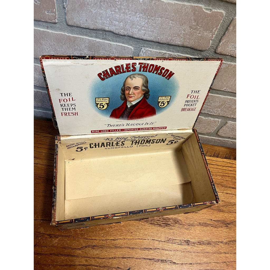 Vintage Charles Thompson Tobacco Wooden Cigar Box Yungfello Foil Wraps Philadelphia, Pennsylvania