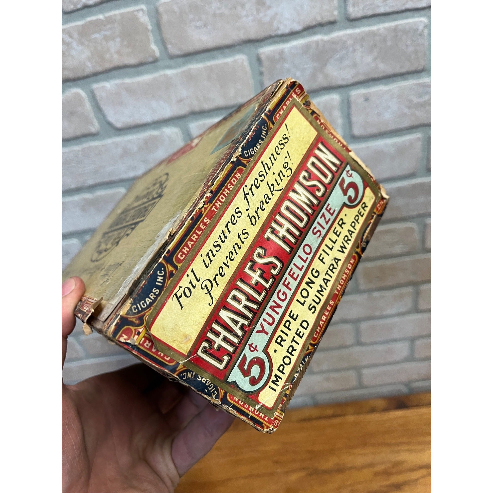 Vintage Charles Thompson Tobacco Wooden Cigar Box Yungfello Foil Wraps Philadelphia, Pennsylvania