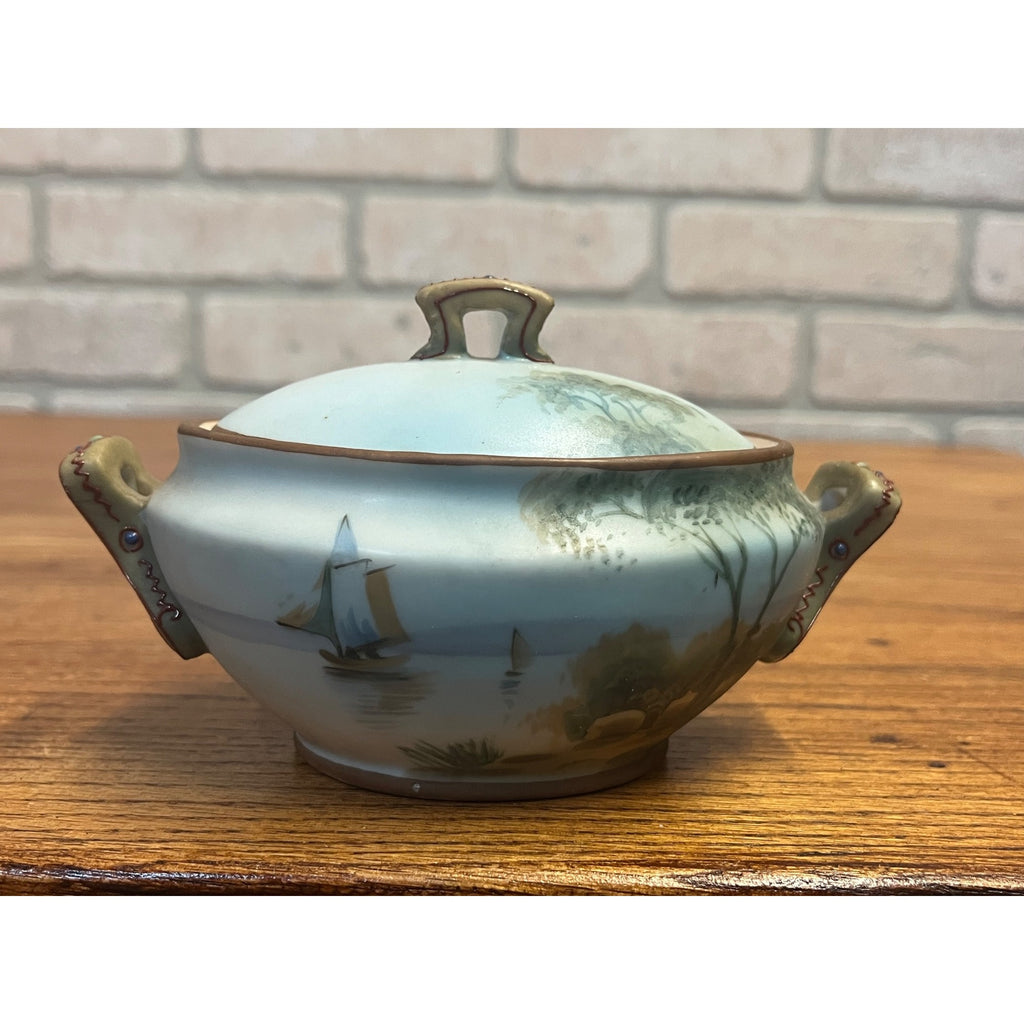 Vintage Nippon Porcelain Lidded Sugar Bowl Hand-Painted Shore Scene With Boats Covered Trinket Dish