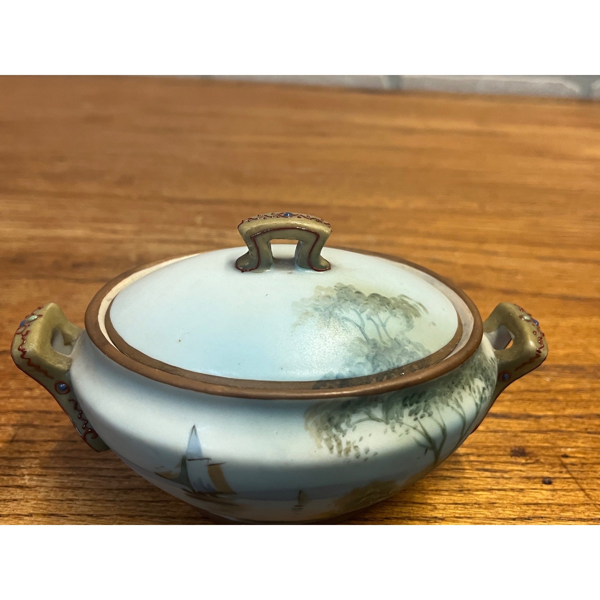 Vintage Nippon Porcelain Lidded Sugar Bowl Hand-Painted Shore Scene With Boats Covered Trinket Dish