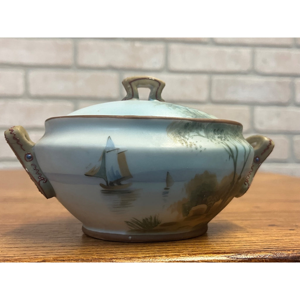 Vintage Nippon Porcelain Lidded Sugar Bowl Hand-Painted Shore Scene With Boats Covered Trinket Dish