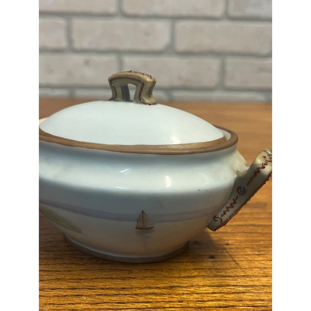Vintage Nippon Porcelain Lidded Sugar Bowl Hand-Painted Shore Scene With Boats Covered Trinket Dish