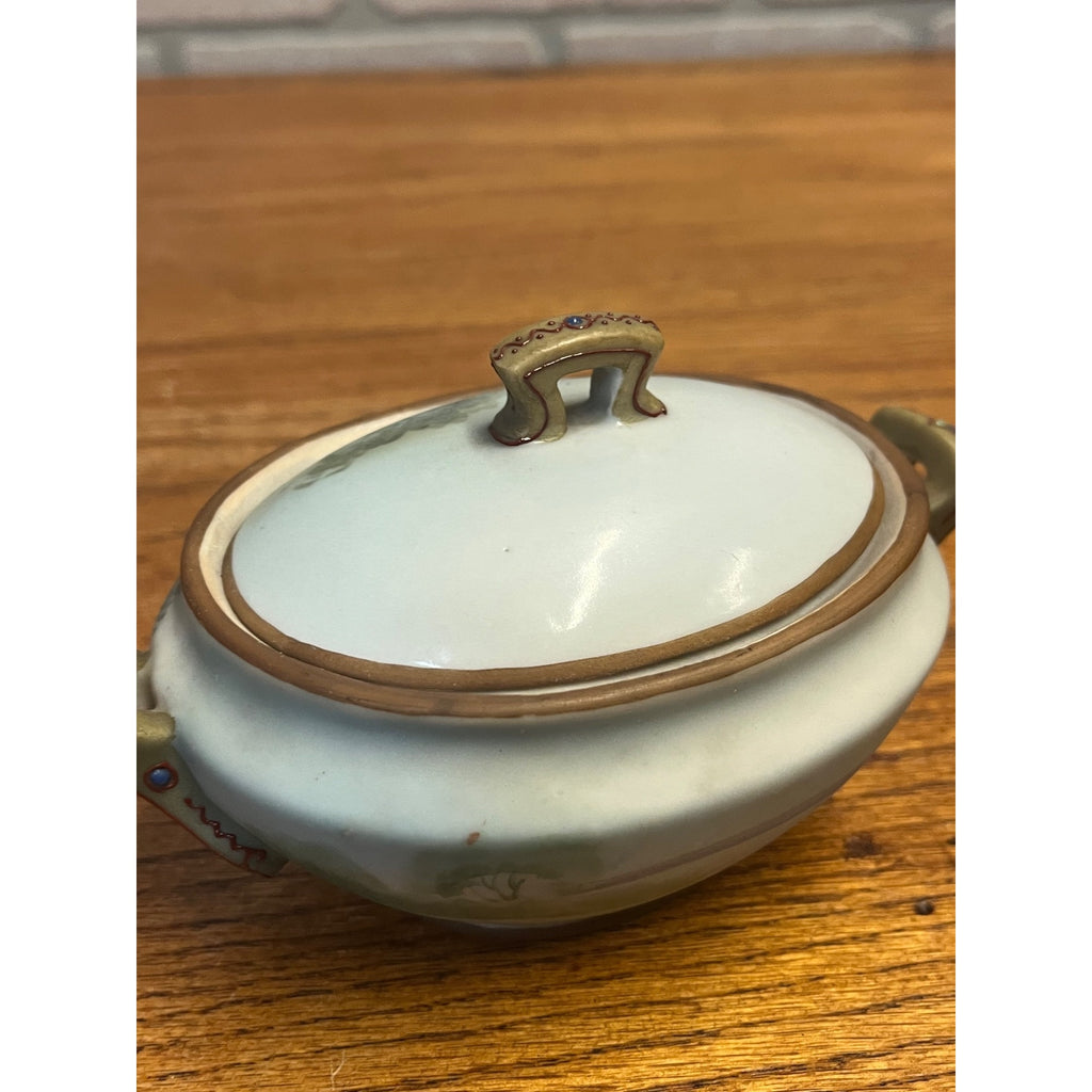 Vintage Nippon Porcelain Lidded Sugar Bowl Hand-Painted Shore Scene With Boats Covered Trinket Dish