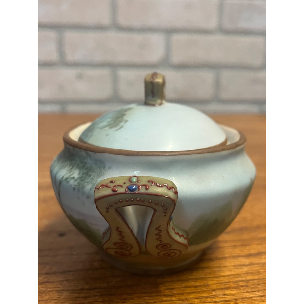 Vintage Nippon Porcelain Lidded Sugar Bowl Hand-Painted Shore Scene With Boats Covered Trinket Dish