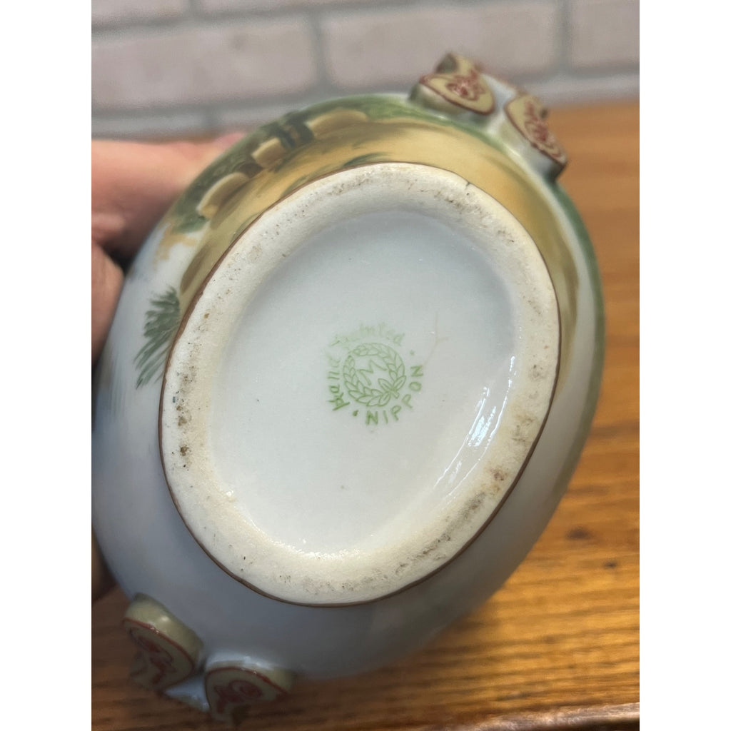 Vintage Nippon Porcelain Lidded Sugar Bowl Hand-Painted Shore Scene With Boats Covered Trinket Dish