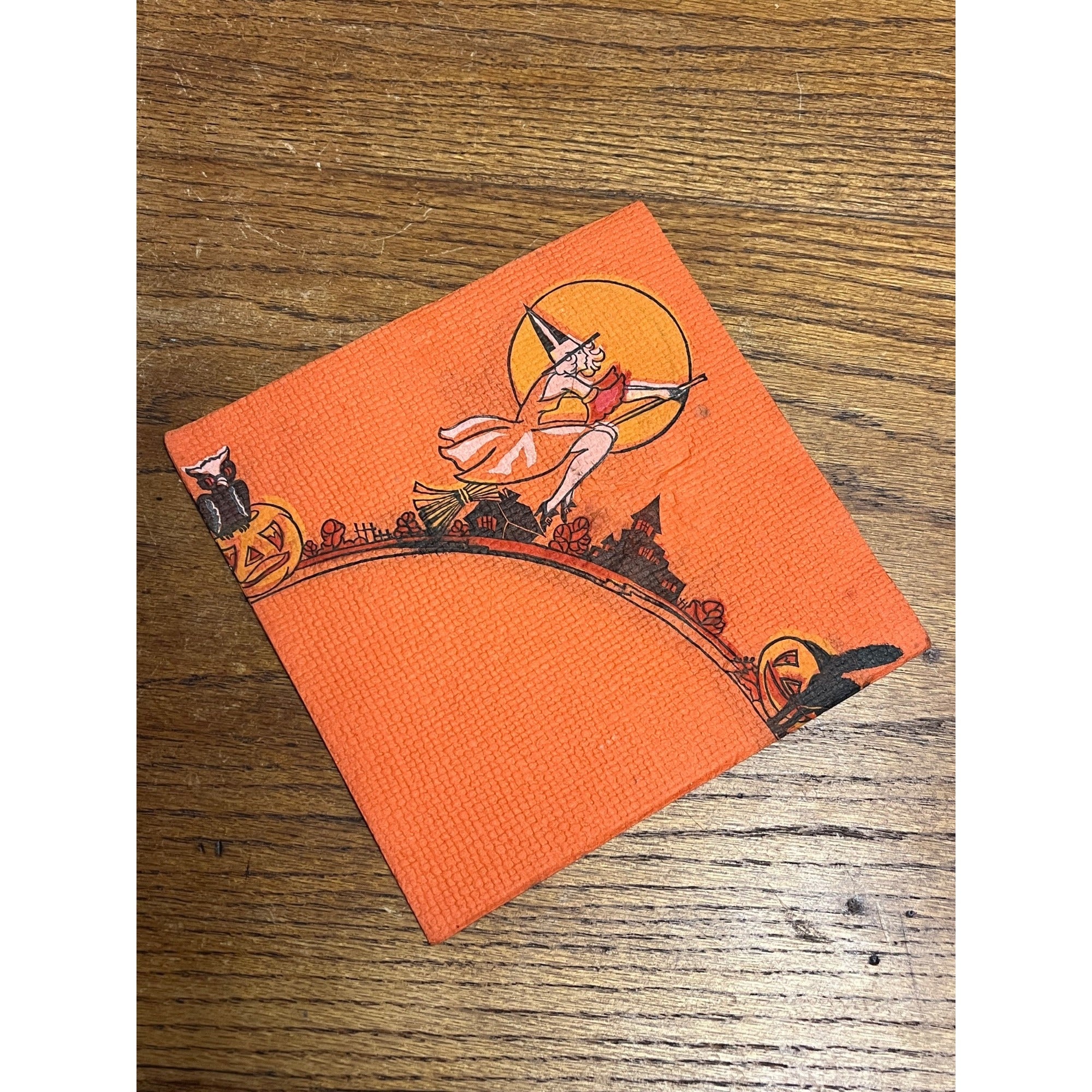 Vintage 1930s Halloween Dennison Crepe Paper Napkin Flying Witch Art Deco JOL