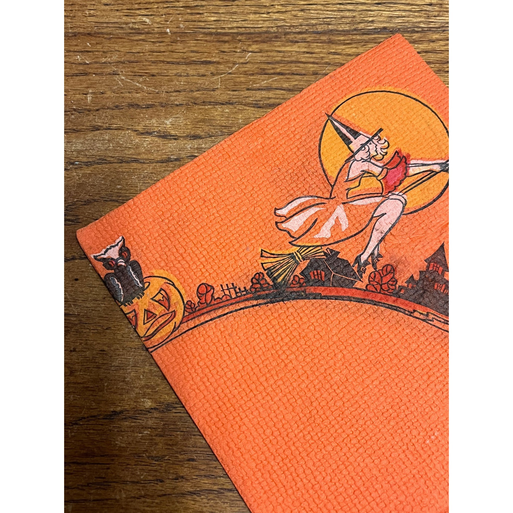 Vintage 1930s Halloween Dennison Crepe Paper Napkin Flying Witch Art Deco JOL