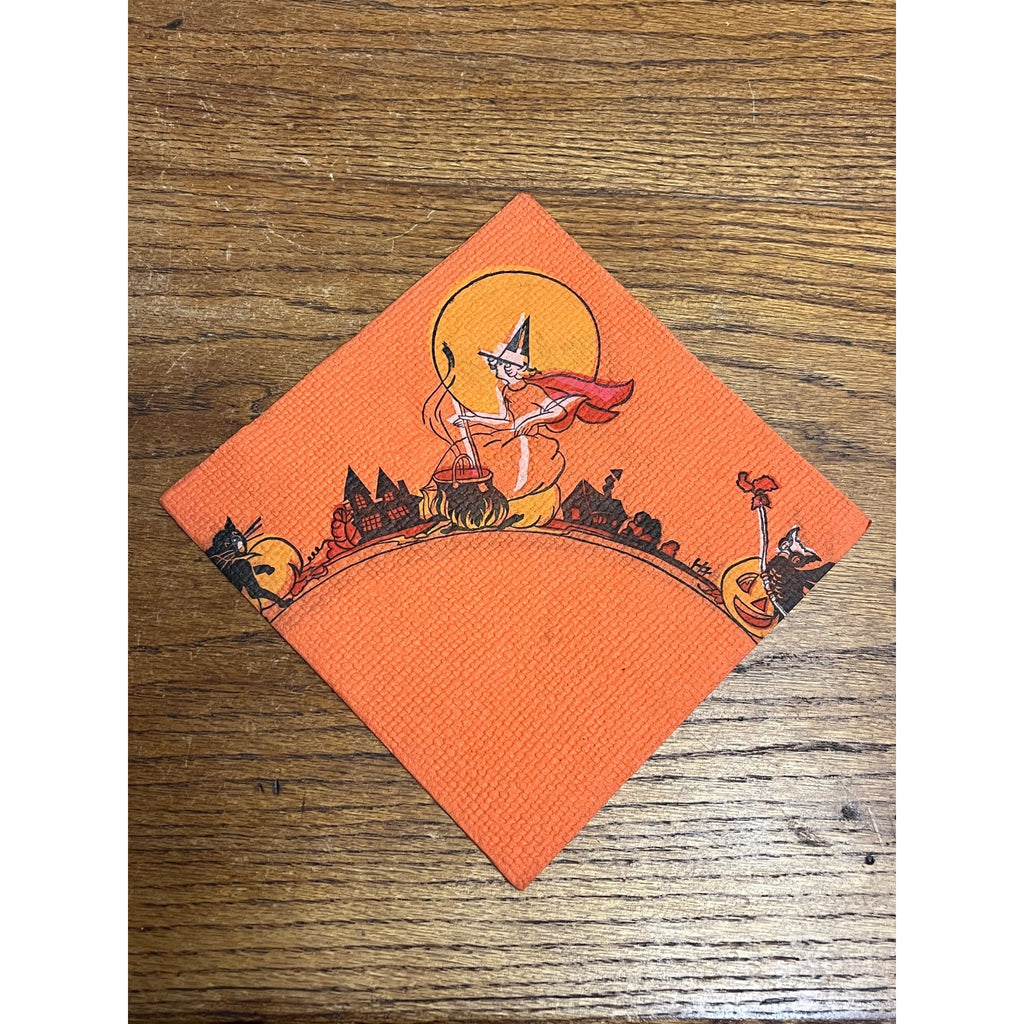Vintage 1930s Halloween Dennison Crepe Paper Napkin Flying Witch Art Deco JOL