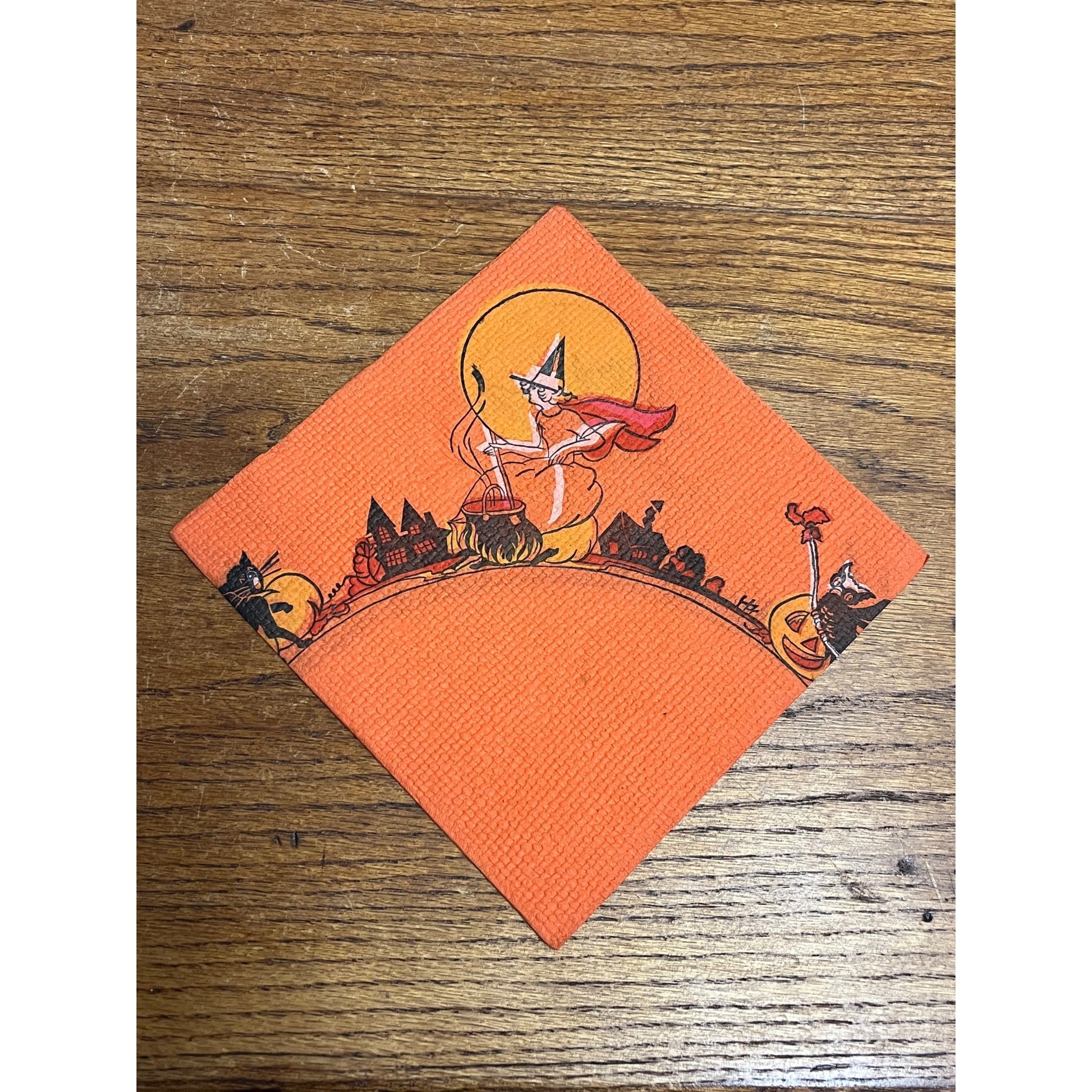 Vintage 1930s Halloween Dennison Crepe Paper Napkin Flying Witch Art Deco JOL