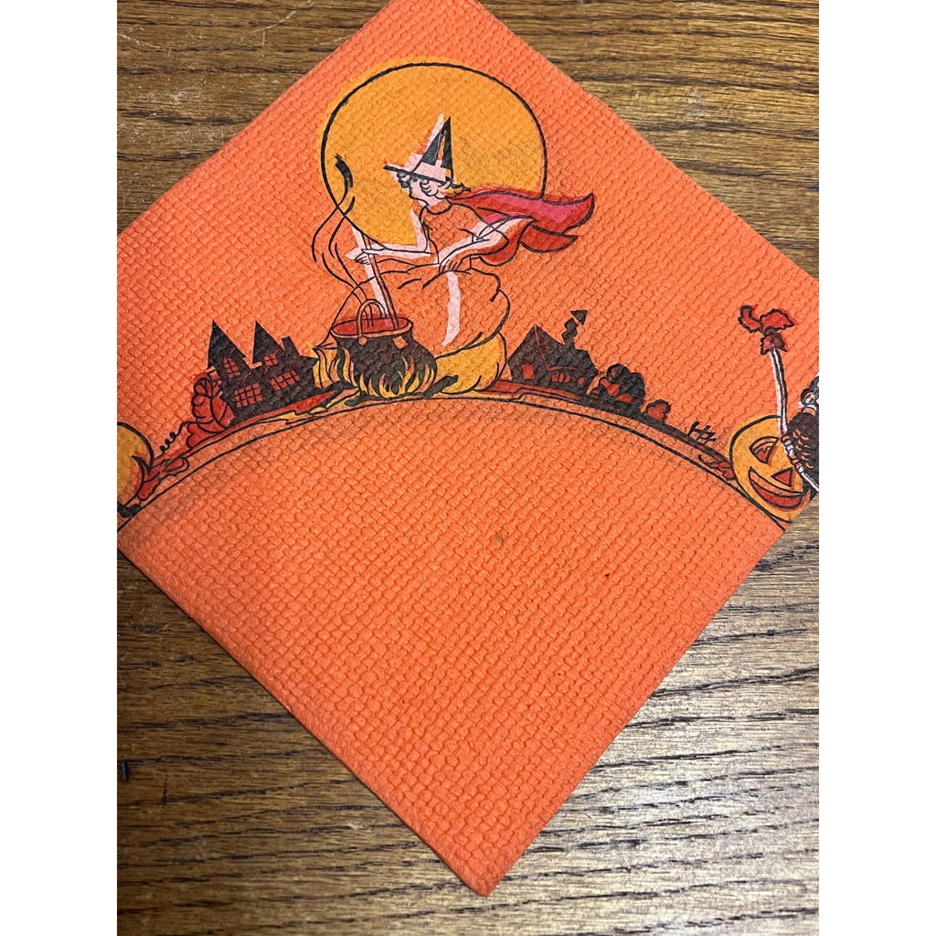 Vintage 1930s Halloween Dennison Crepe Paper Napkin Flying Witch Art Deco JOL