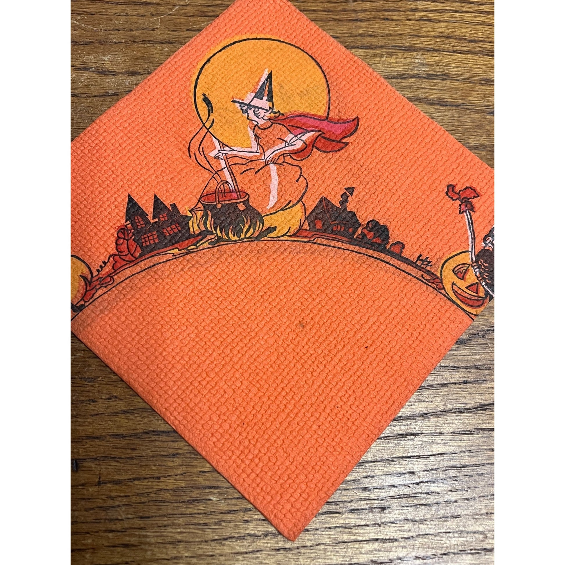 Vintage 1930s Halloween Dennison Crepe Paper Napkin Flying Witch Art Deco JOL