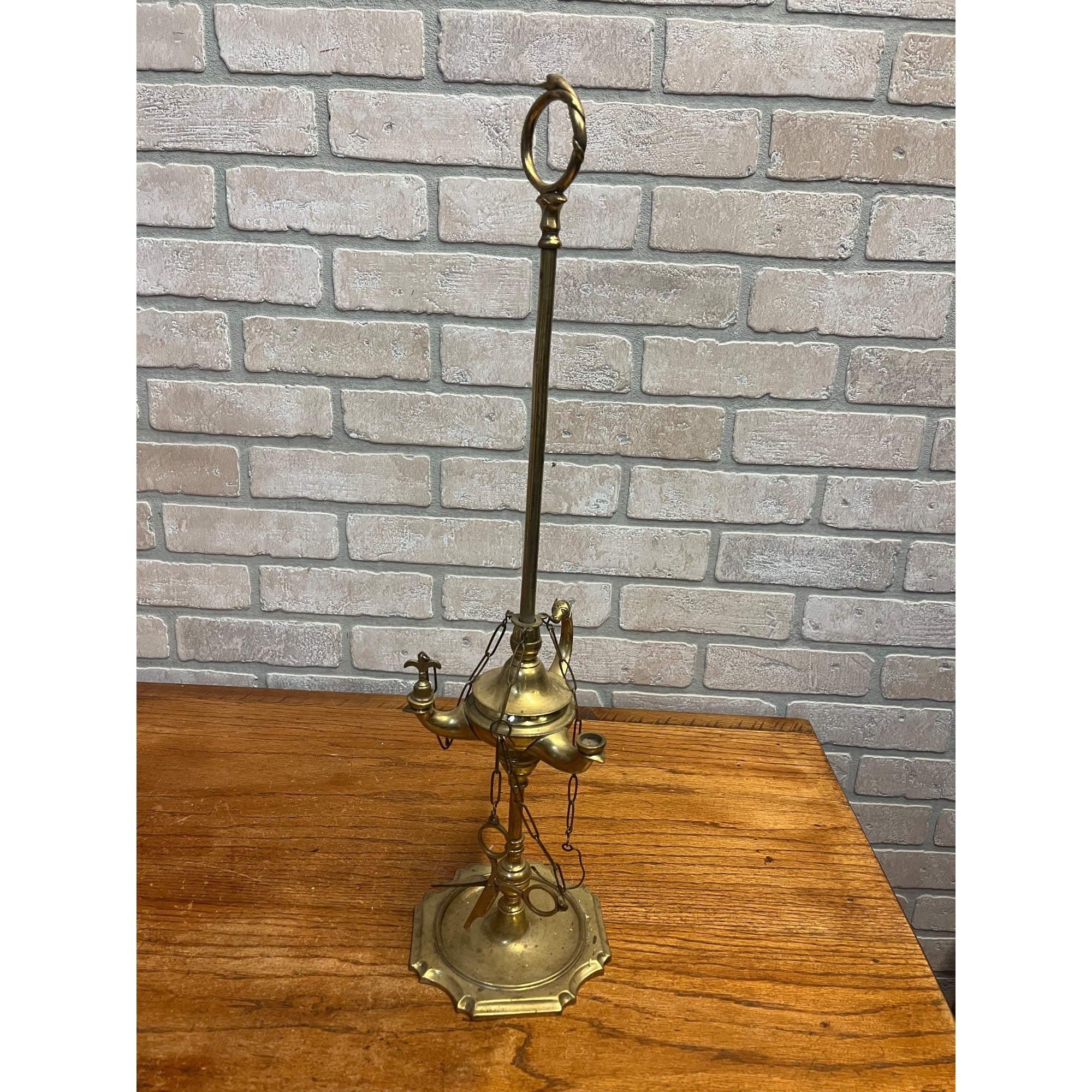 Antique 19th c. Italian Brass "Lucerna" Table Oil Lamp w/Snuffer & Tweezers