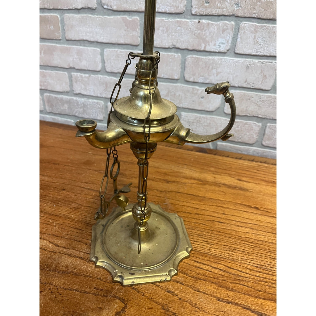 Antique 19th c. Italian Brass "Lucerna" Table Oil Lamp w/Snuffer & Tweezers