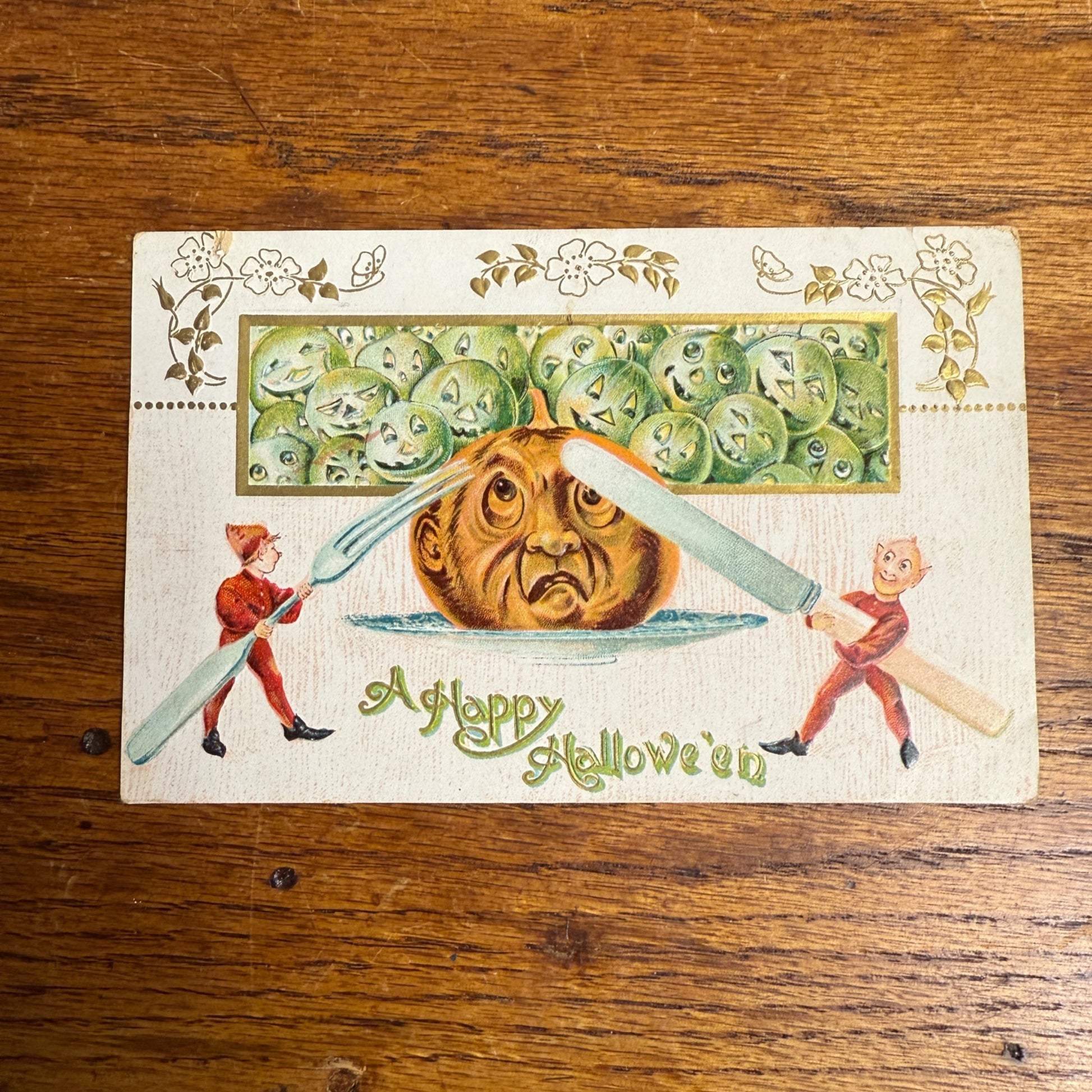 Happy Halloween Postcard Fork Knife Gnome Elf Jack-o-lantern Pumpkin 2040