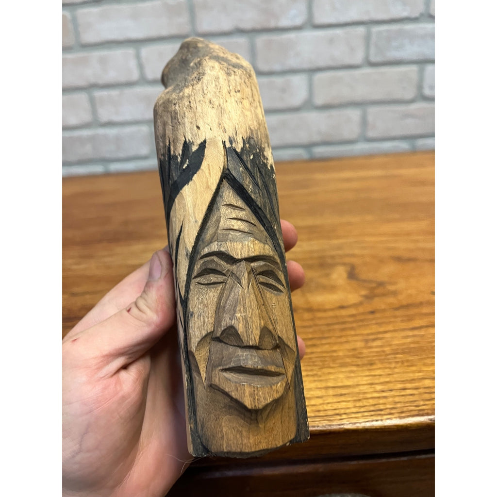 Vintage Wawa Canada Beaver Chewed Wood Carving Folk Art Face Sculpture Rustic