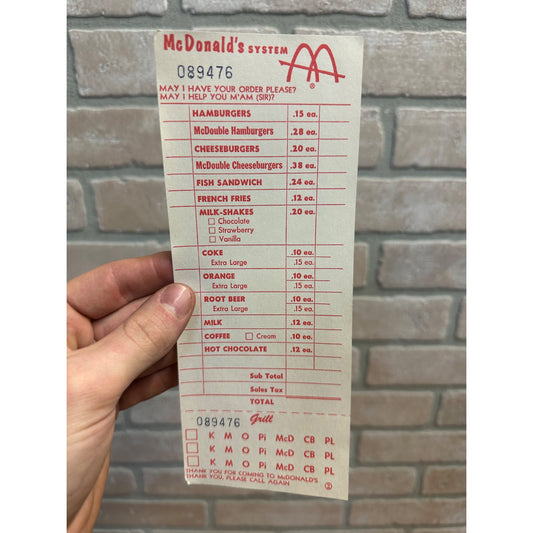 RARE Vintage 1960s McDonalds System Food Order Paper Receipt Slash M Logo