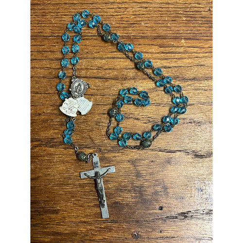 Vintage Rosary Blue Aqua Beads Christian Catholic Italy Sliding Centerpiece