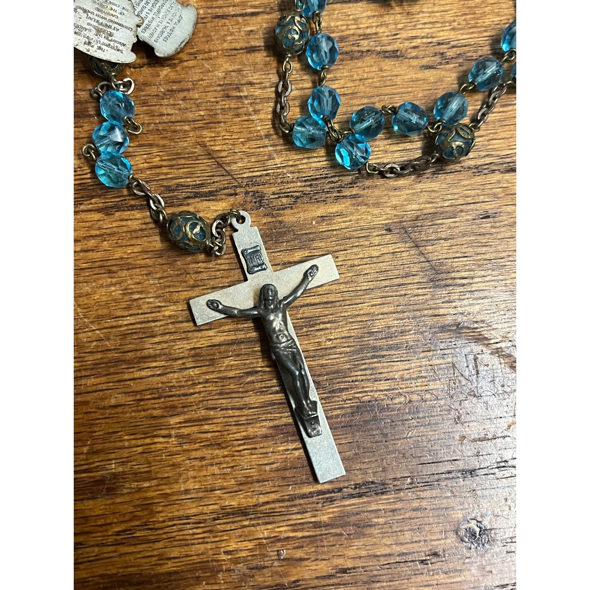 Vintage Rosary Blue Aqua Beads Christian Catholic Italy Sliding Centerpiece