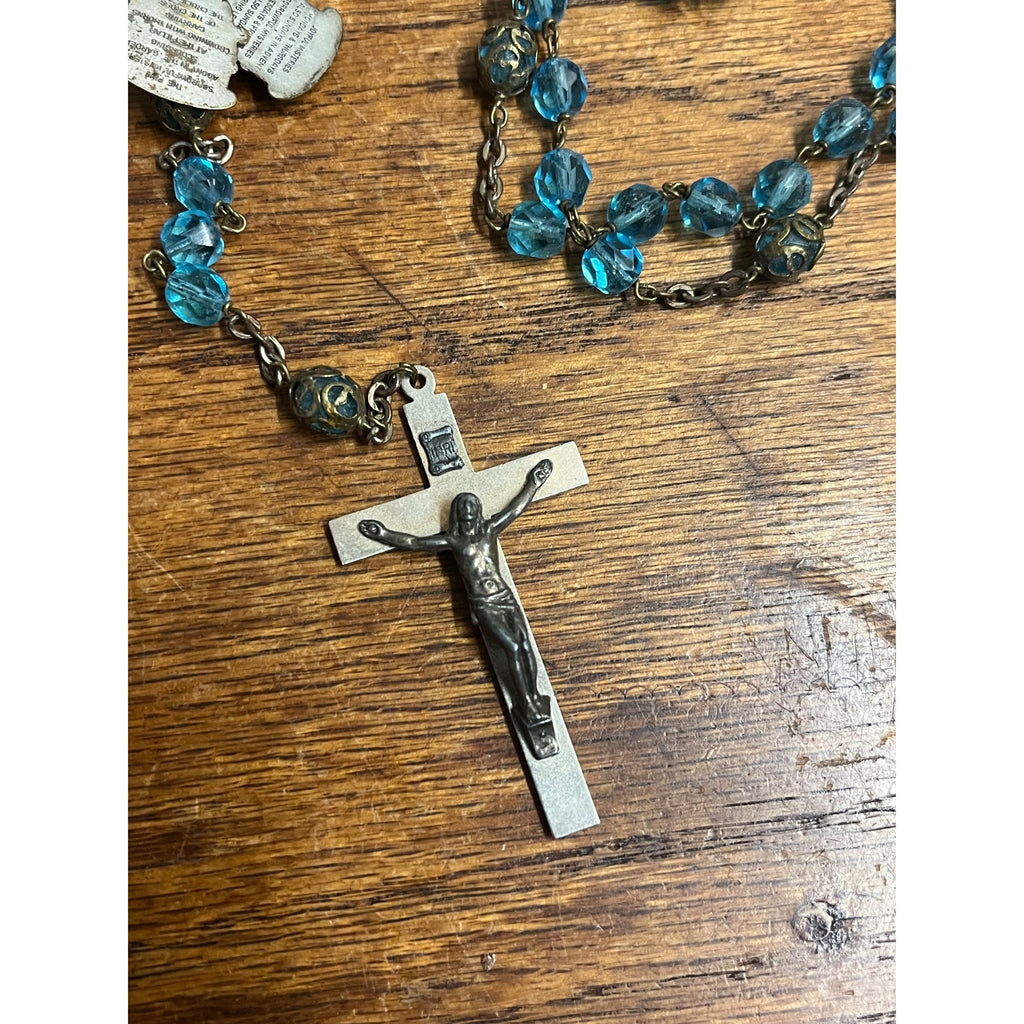 Vintage Rosary Blue Aqua Beads Christian Catholic Italy Sliding Centerpiece