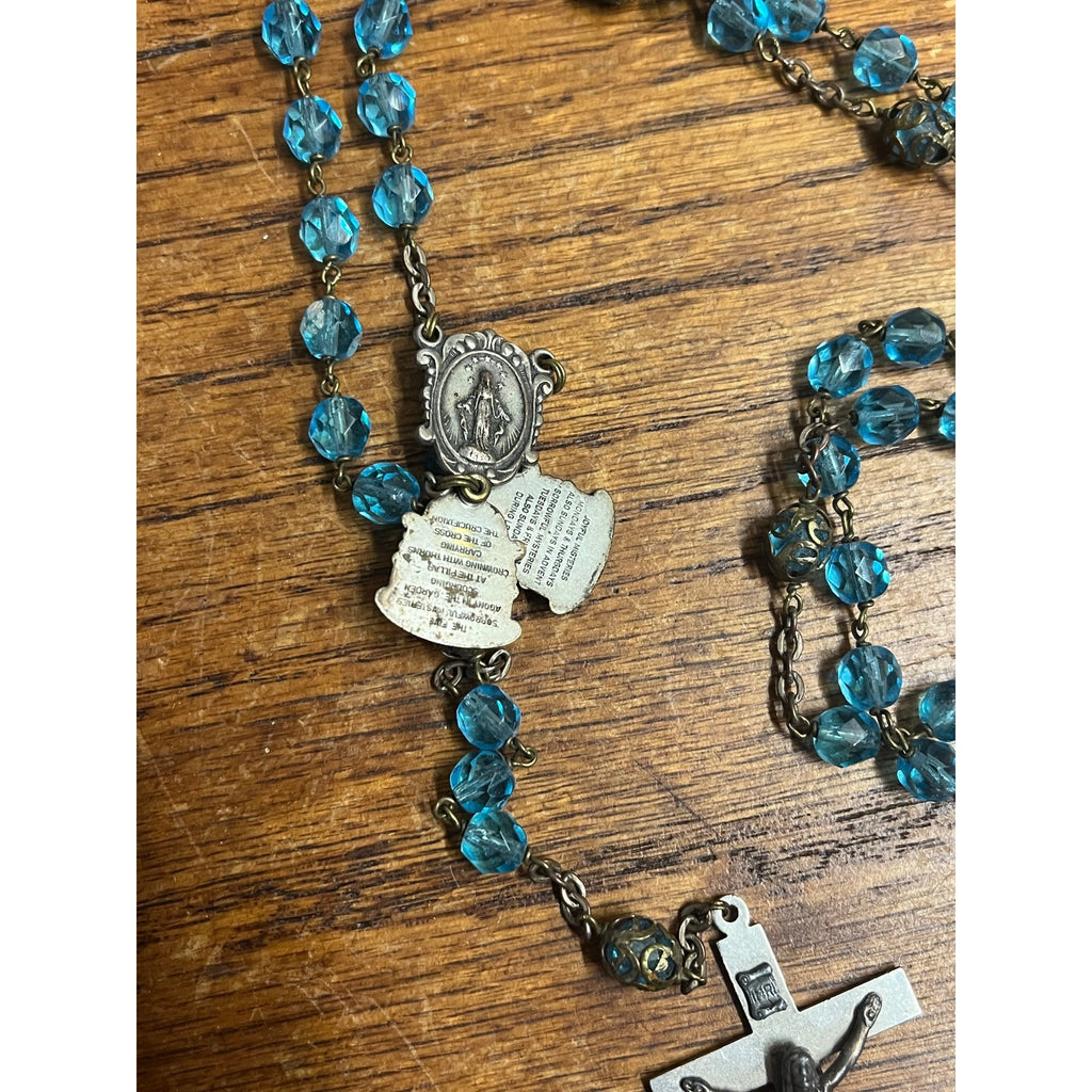 Vintage Rosary Blue Aqua Beads Christian Catholic Italy Sliding Centerpiece
