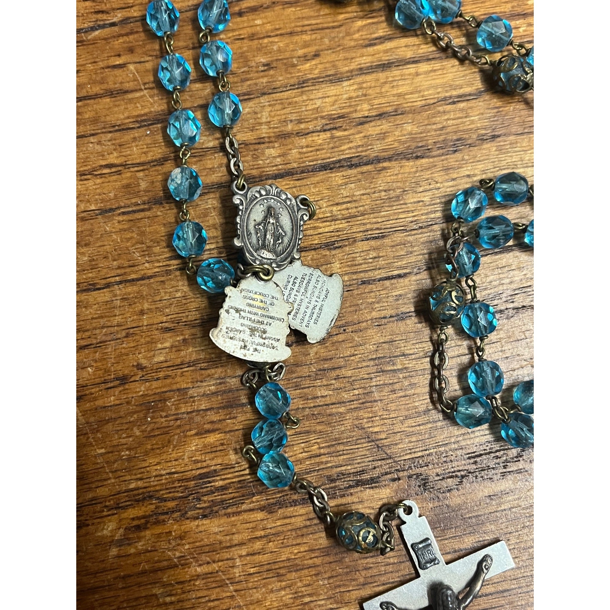 Vintage Rosary Blue Aqua Beads Christian Catholic Italy Sliding Centerpiece