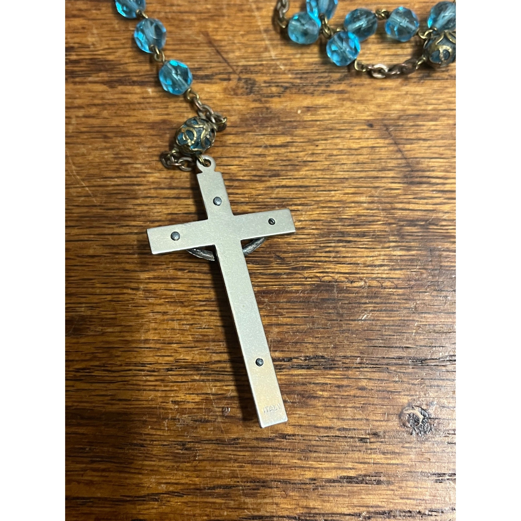 Vintage Rosary Blue Aqua Beads Christian Catholic Italy Sliding Centerpiece