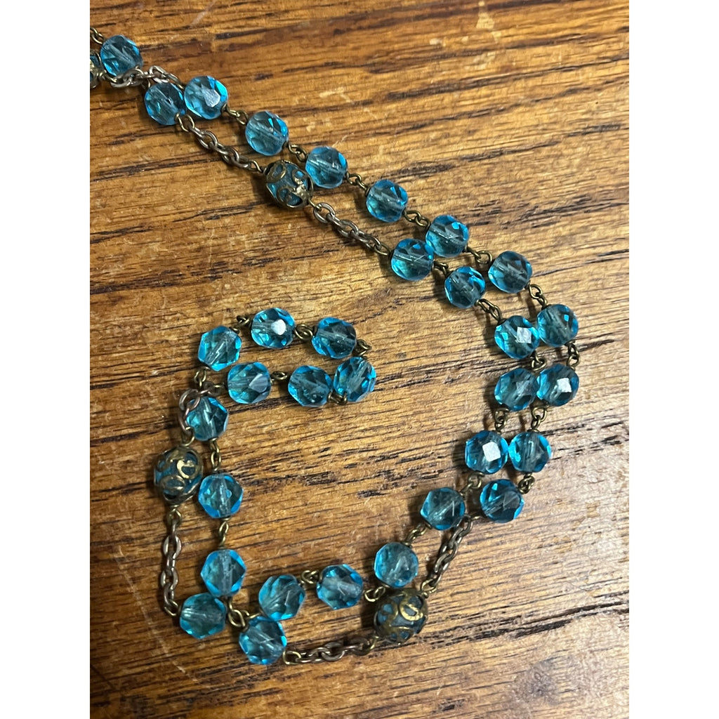 Vintage Rosary Blue Aqua Beads Christian Catholic Italy Sliding Centerpiece
