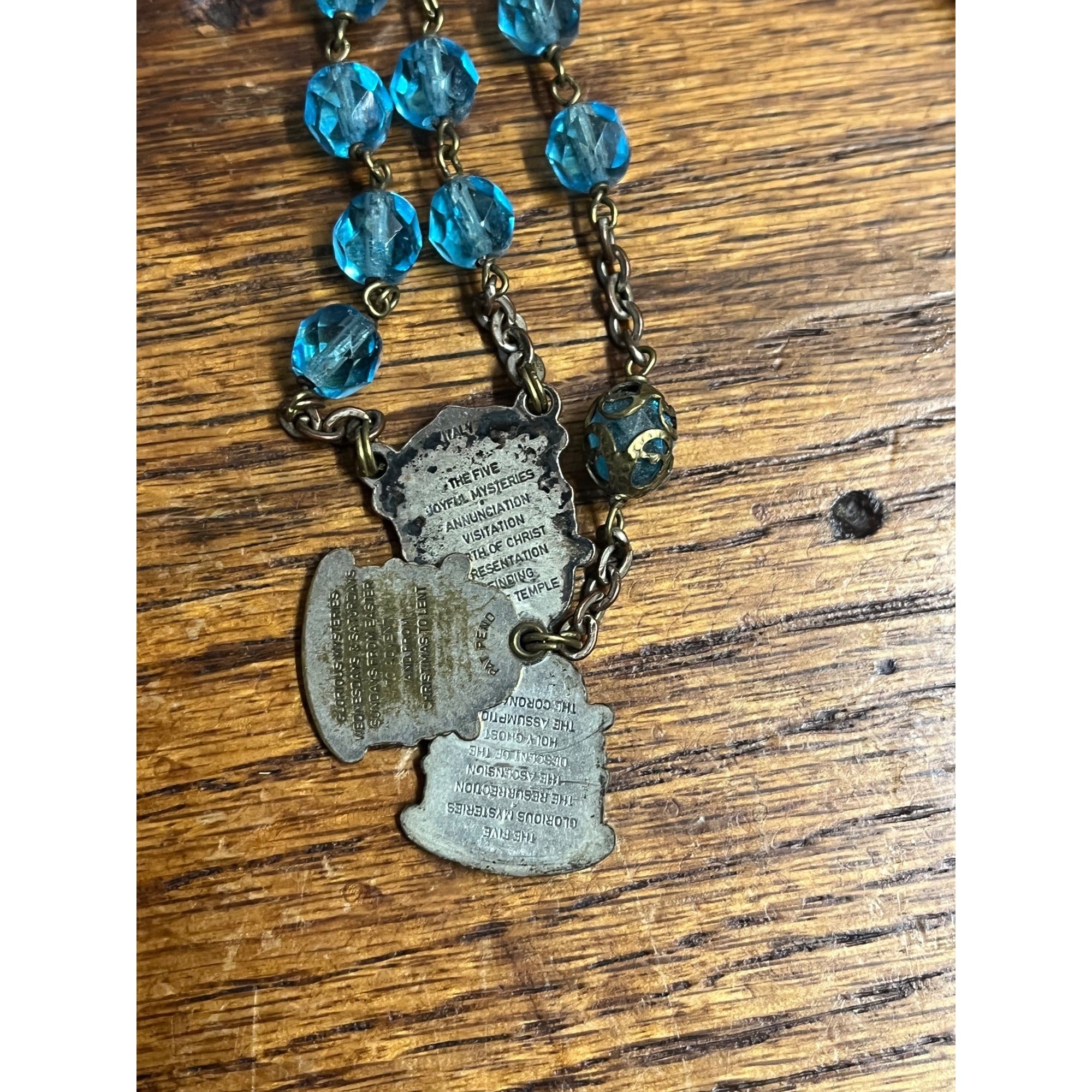 Vintage Rosary Blue Aqua Beads Christian Catholic Italy Sliding Centerpiece