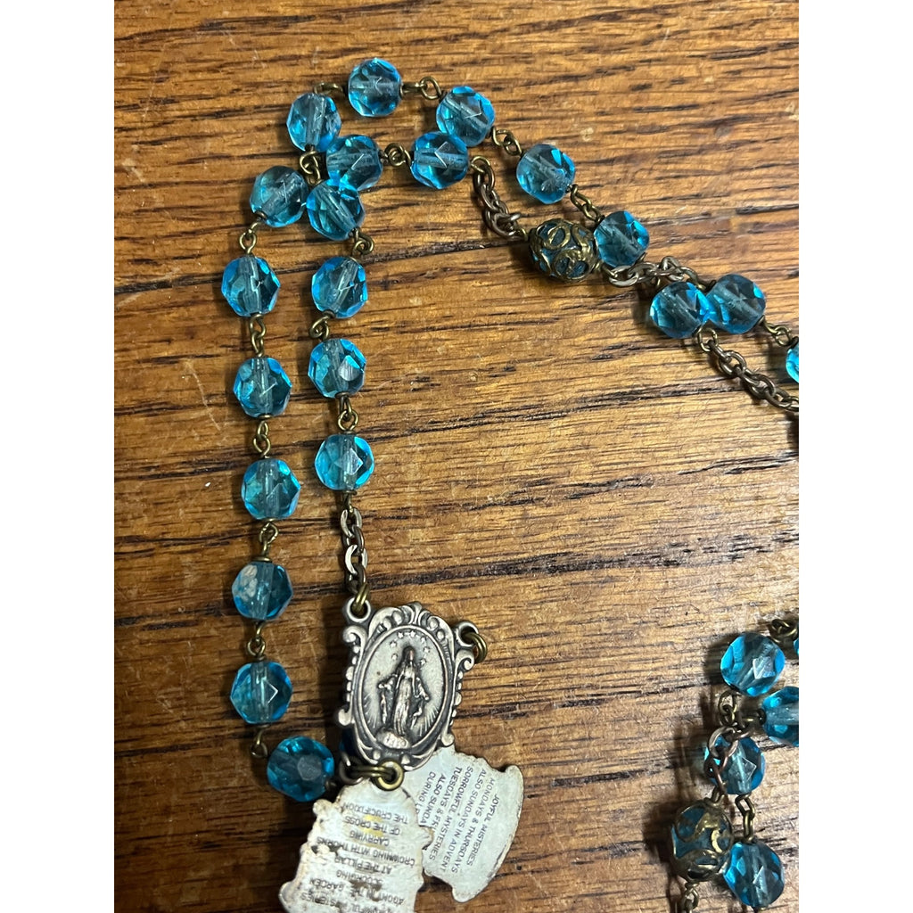 Vintage Rosary Blue Aqua Beads Christian Catholic Italy Sliding Centerpiece