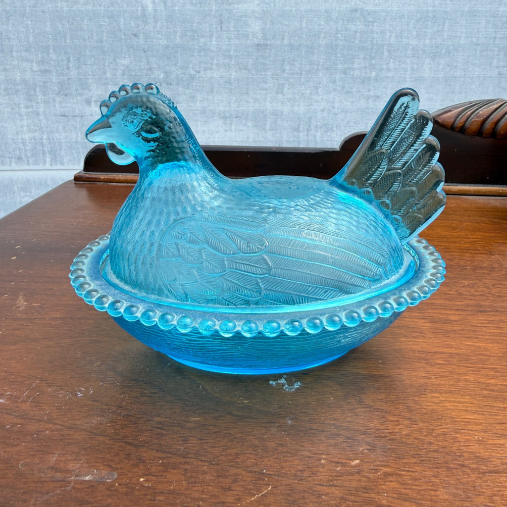 RARE Original Indiana Glass Hen On Nest HORIZON BLUE Lidded Beaded Striated Dish