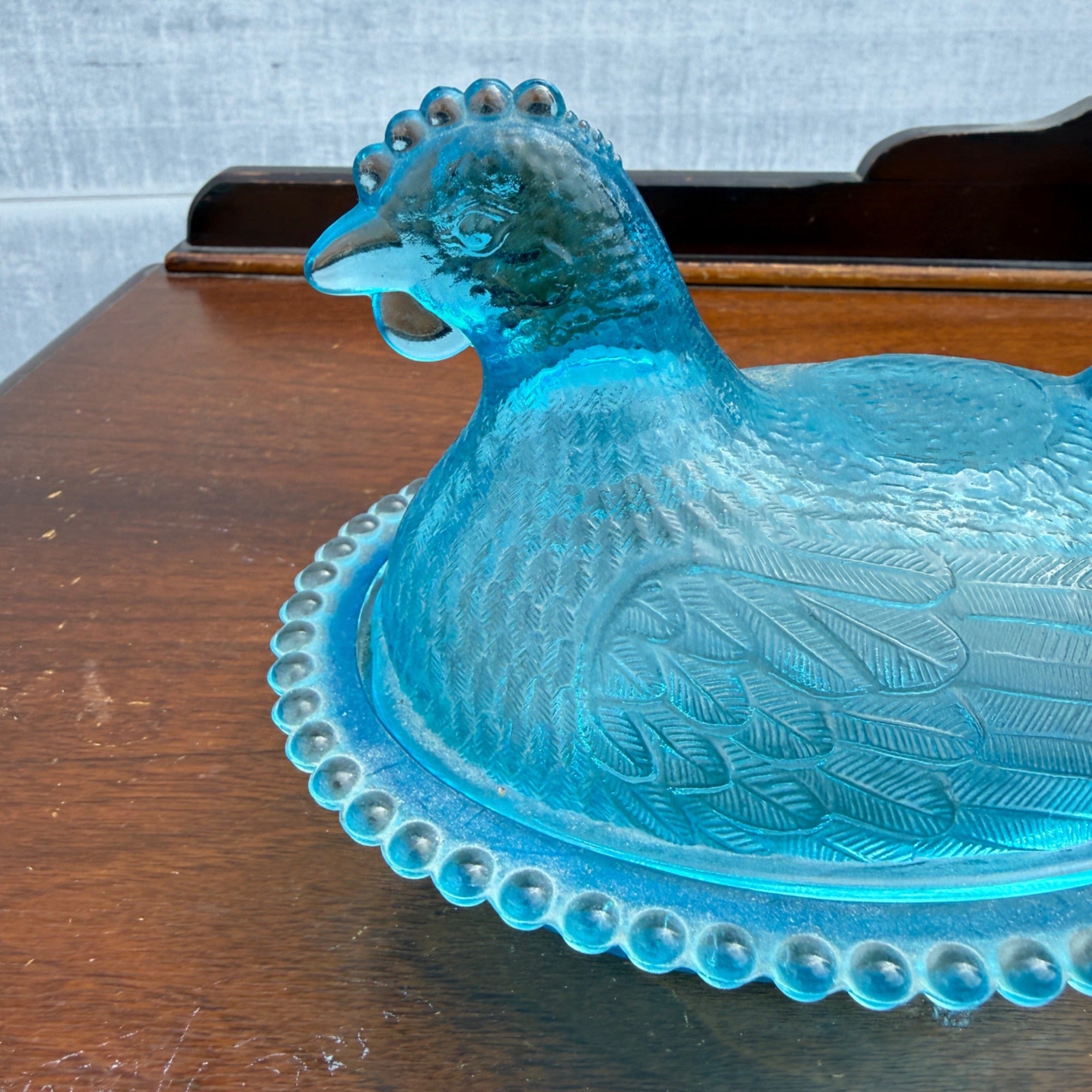RARE Original Indiana Glass Hen On Nest HORIZON BLUE Lidded Beaded Striated Dish