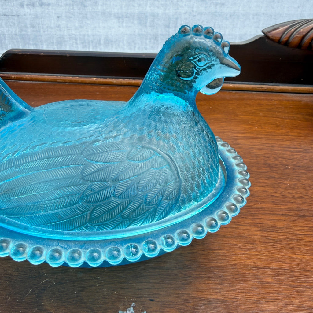 RARE Original Indiana Glass Hen On Nest HORIZON BLUE Lidded Beaded Striated Dish