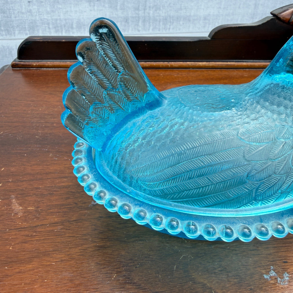 RARE Original Indiana Glass Hen On Nest HORIZON BLUE Lidded Beaded Striated Dish
